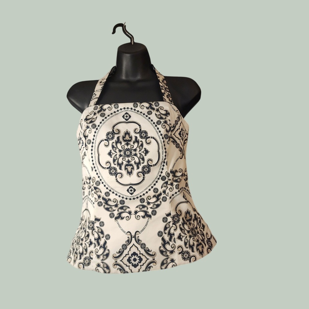 White House Black Market Medallion Halter Top Black White Damask Size 4
